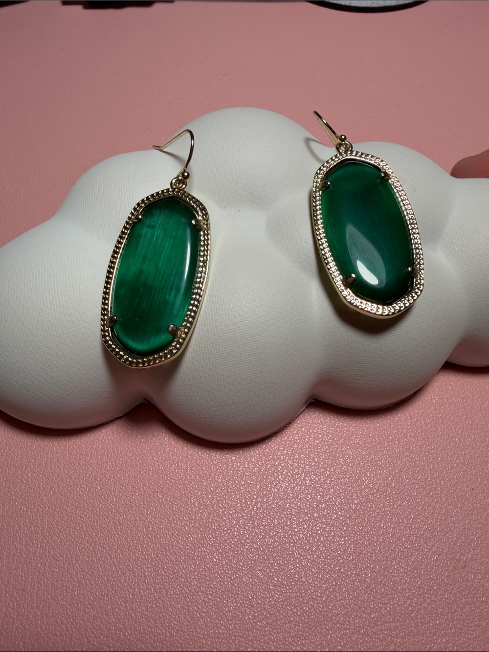 Kendra Scott Gold-Frame Green Oval Cat Eye Drop Earrings